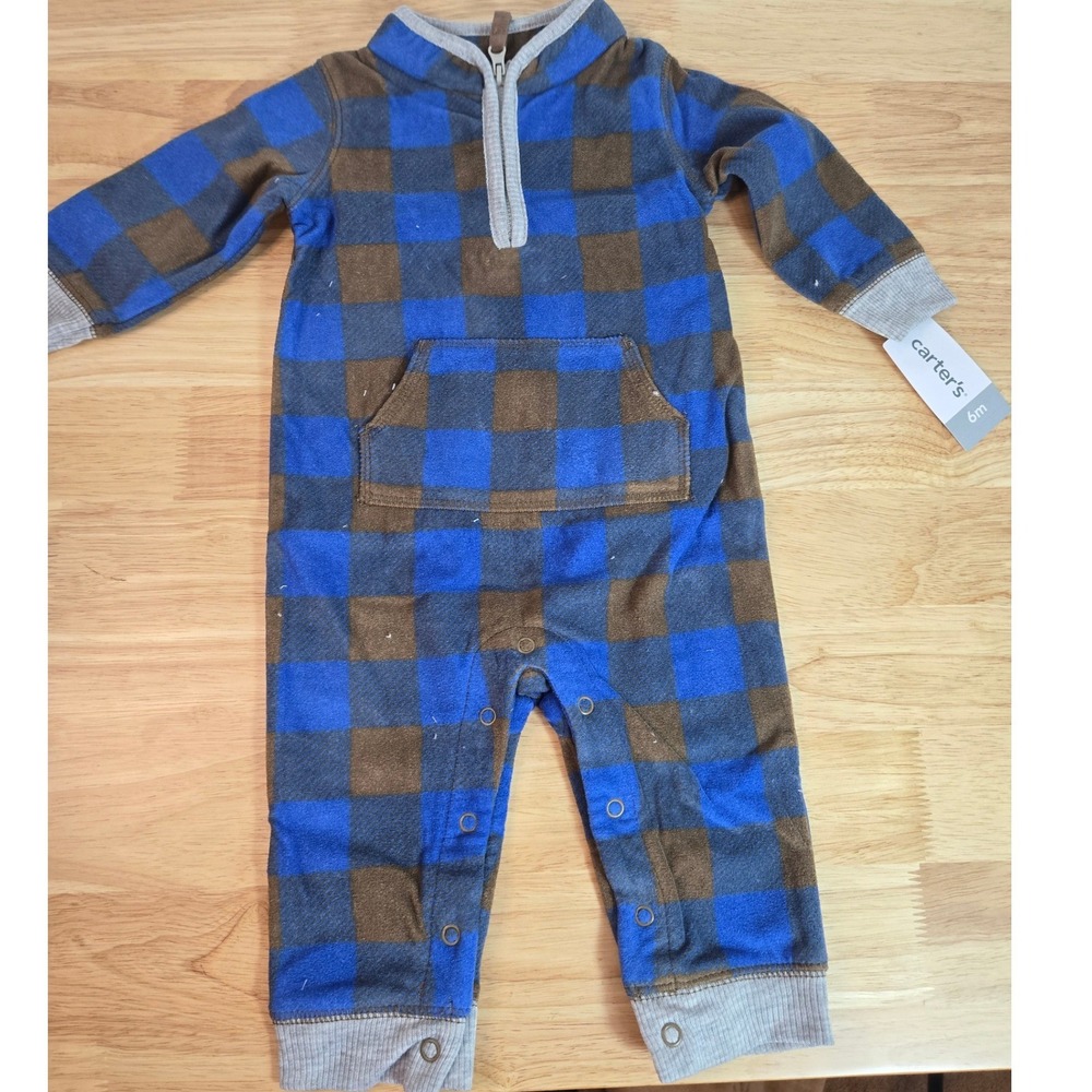 Carters Baby Boys 6M Blue Brown Plaid Fleece Jumpsuit Romper 118H390 NWT